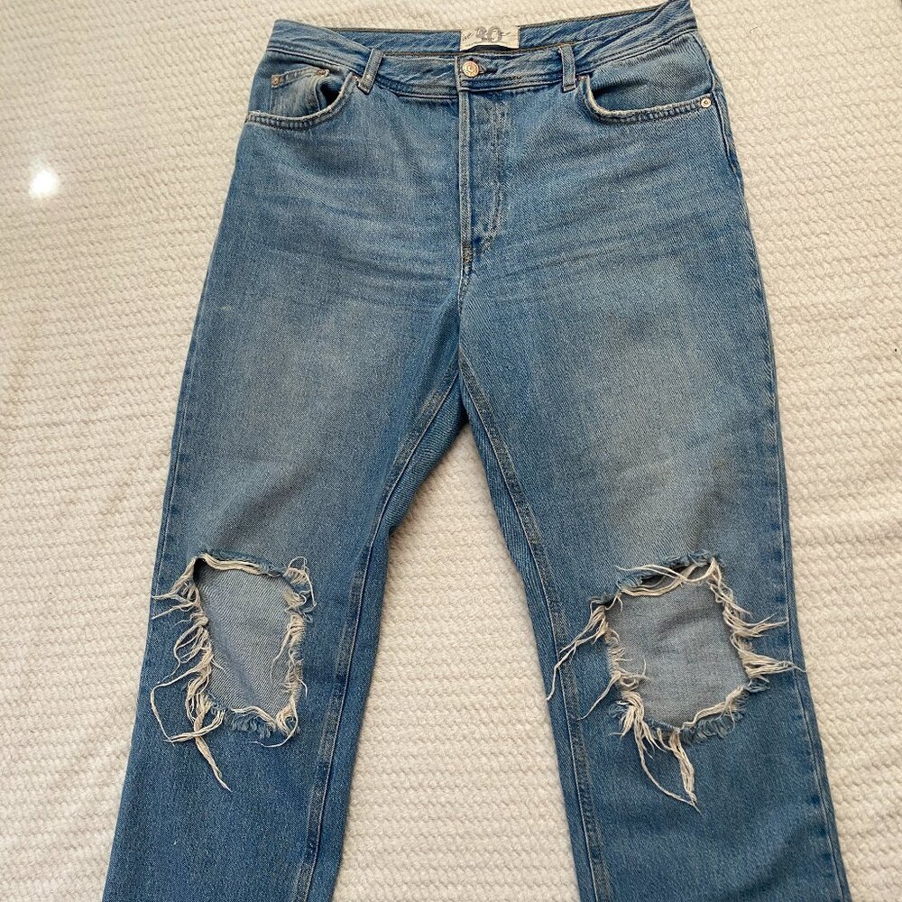We The Free Jeans Women's 30 Relaxed Straight Crop Distressed Denim Button Fly